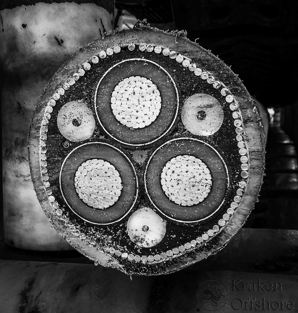 Offshore Power Cable : 3-phase power cables each containing 1 fibre optic cable with 36 fibres.